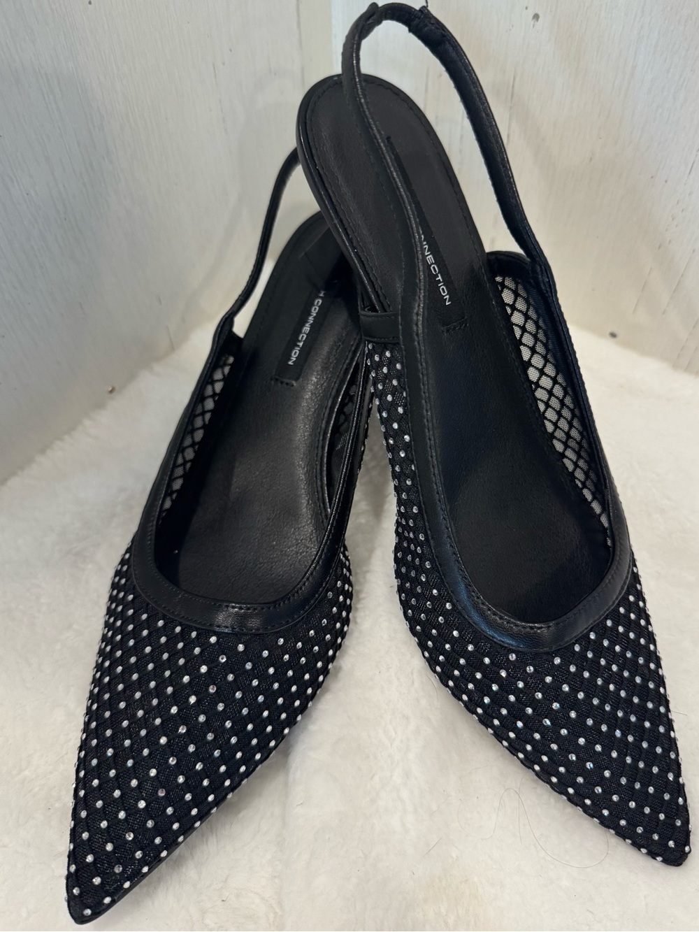French Connection Black Pointed Slingback Heels with Silver Studs New